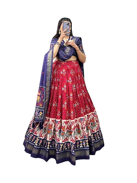 74 COLOR HALFSLIVE Women's Trending Designeer Tussar Silk Lehenga Choli Print with Foil Work With Unstitched Blouse Patola Print Adorned with Foil Work For Navrati || Wedding