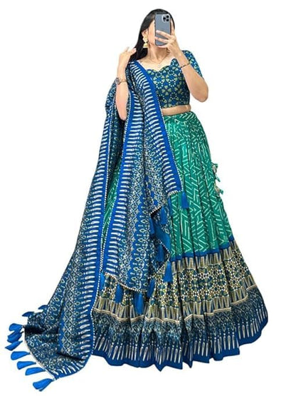 74 COLOR HALFSLIVE Women's Trending Designeer Tussar Silk Lehenga Choli Print with Foil Work With Unstitched Blouse Patola Print Adorned with Foil Work For Navrati || Wedding