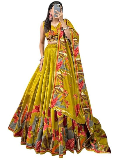 Trending Tussar Silk Lehenga Choli Print with Foil Work With Unstitched Blouse Patola Print Adorned with Foil Work For Navrati || Wedding