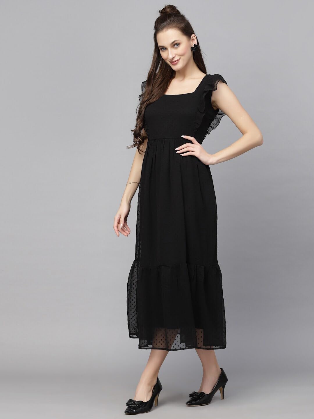 Georgette Jacquard Butti Square Neck Knee Length Western Dresses for Women (Dress2 89) 1