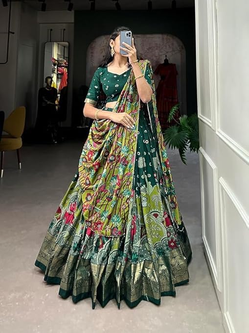Women's Trending Designeer Tussar Silk Lehenga Choli Print with Foil Work With Unstitched Blouse Patola Print Adorned with Foil Work For Navrati || Wedding