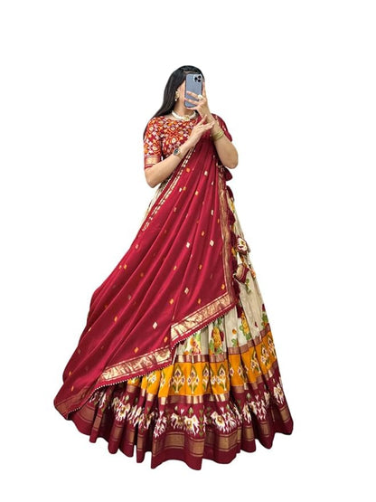 Trending Tussar Silk Lehenga Choli Print with Foil Work With Unstitched Blouse Patola Print Adorned with Foil Work For Navrati || Wedding