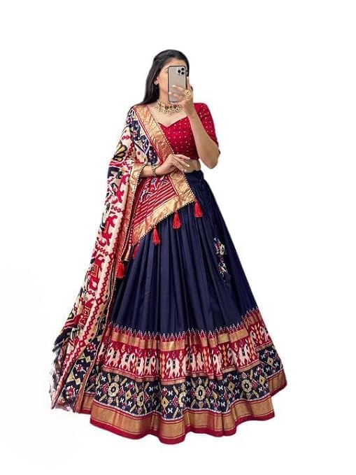 74 COLOR HALFSLIVE Women's Trending Designeer Tussar Silk Lehenga Choli Print with Foil Work With Unstitched Blouse Patola Print Adorned with Foil Work For Navrati || Wedding