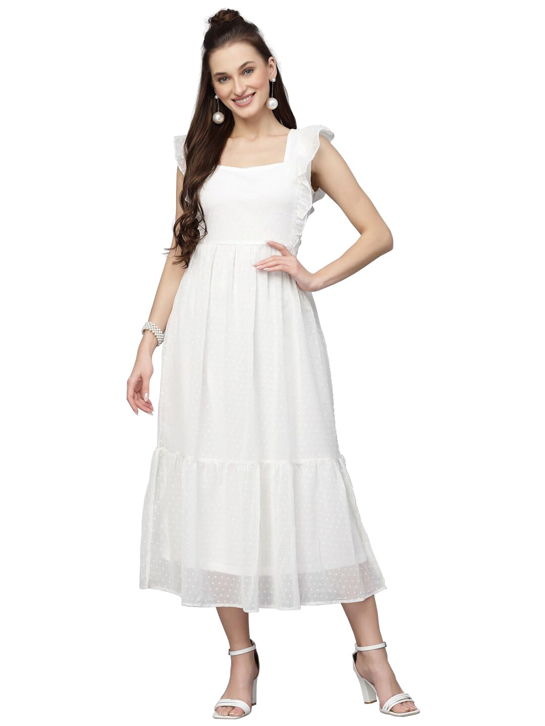 Georgette Jacquard Butti Square Neck Knee Length Western Dresses for Women (Dress2 89) 1