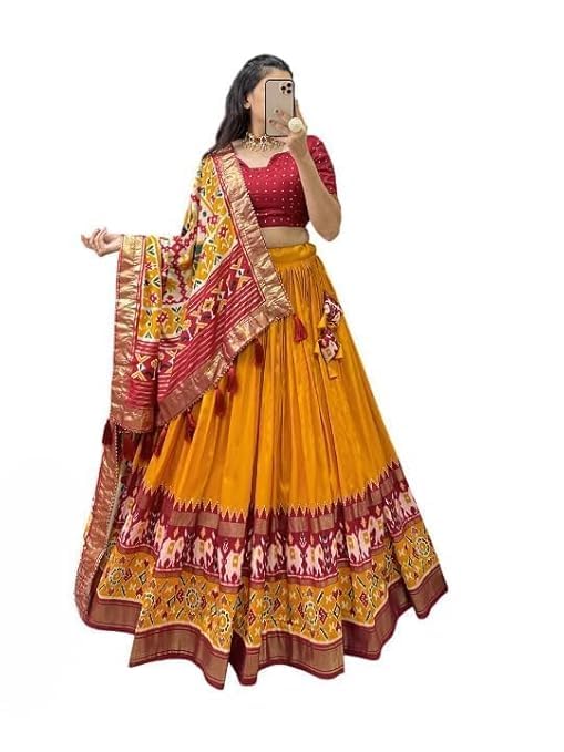 74 COLOR HALFSLIVE Women's Trending Designeer Tussar Silk Lehenga Choli Print with Foil Work With Unstitched Blouse Patola Print Adorned with Foil Work For Navrati || Wedding