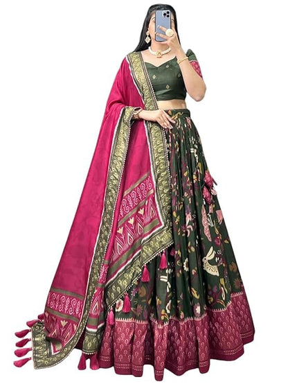 74 COLOR HALFSLIVE Women's Trending Designeer Tussar Silk Lehenga Choli Print with Foil Work With Unstitched Blouse Patola Print Adorned with Foil Work For Navrati || Wedding