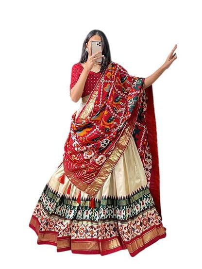 Trending Tussar Silk Lehenga Choli Print with Foil Work With Unstitched Blouse Patola Print Adorned with Foil Work For Navrati || Wedding