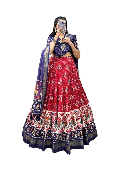 Trending Tussar Silk Lehenga Choli Print with Foil Work With Unstitched Blouse Patola Print Adorned with Foil Work For Navrati || Wedding