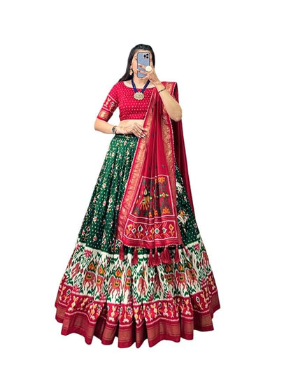 Trending Tussar Silk Lehenga Choli Print with Foil Work With Unstitched Blouse Patola Print Adorned with Foil Work For Navrati || Wedding
