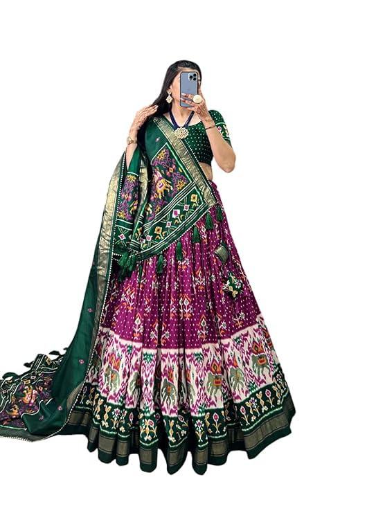 74 COLOR HALFSLIVE Women's Trending Designeer Tussar Silk Lehenga Choli Print with Foil Work With Unstitched Blouse Patola Print Adorned with Foil Work For Navrati || Wedding