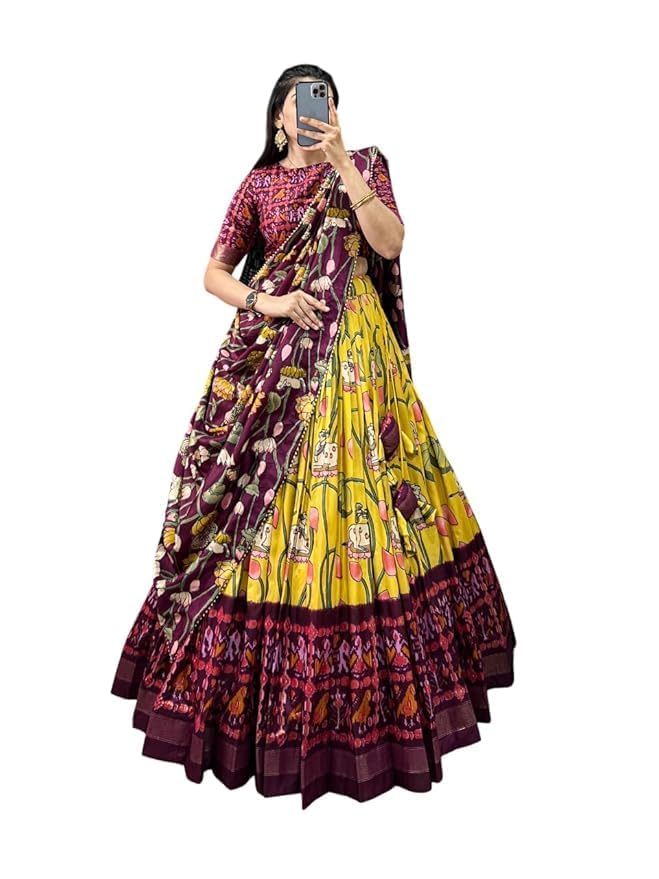 Trending Tussar Silk Lehenga Choli Print with Foil Work With Unstitched Blouse Patola Print Adorned with Foil Work For Navrati || Wedding