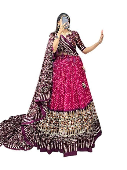 74 COLOR HALFSLIVE Women's Trending Designeer Tussar Silk Lehenga Choli Print with Foil Work With Unstitched Blouse Patola Print Adorned with Foil Work For Navrati || Wedding