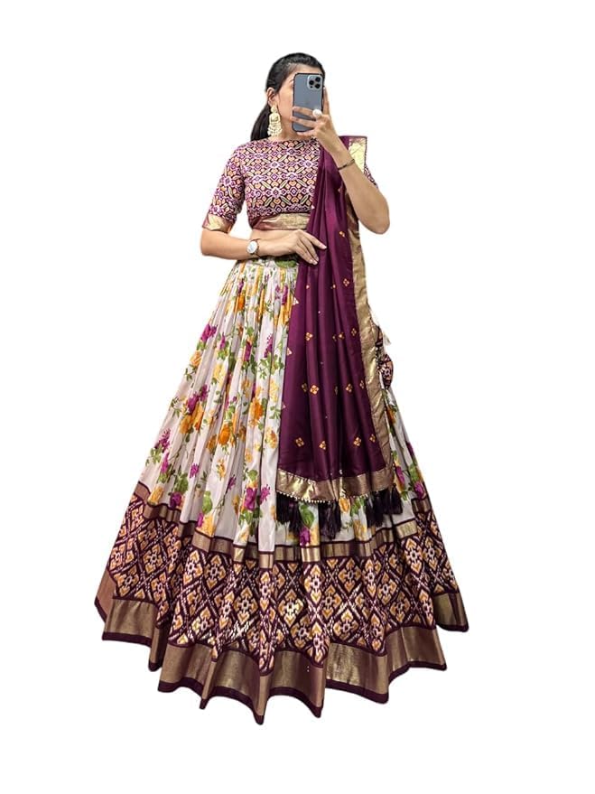 Trending Tussar Silk Lehenga Choli Print with Foil Work With Unstitched Blouse Patola Print Adorned with Foil Work For Navrati || Wedding