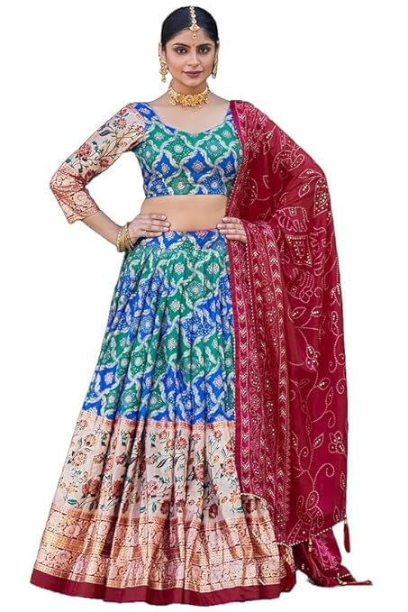 74 COLOR HALFSLIVE Women's Trending Designeer Tussar Silk Lehenga Choli Print with Foil Work With Unstitched Blouse Patola Print Adorned with Foil Work For Navrati || Wedding
