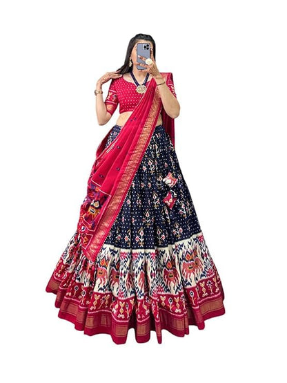 74 COLOR HALFSLIVE Women's Trending Designeer Tussar Silk Lehenga Choli Print with Foil Work With Unstitched Blouse Patola Print Adorned with Foil Work For Navrati || Wedding
