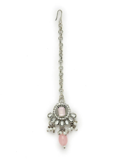 Sukkhi Artistic Rhodium Plated Pink AD Stone Collar Bone Necklace Set With Earring And Maangtika | Jewellery Set For Women (NS105698)