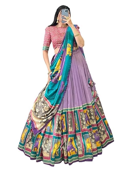 74 COLOR HALFSLIVE Women's Trending Designeer Tussar Silk Lehenga Choli Print with Foil Work With Unstitched Blouse Patola Print Adorned with Foil Work For Navrati || Wedding