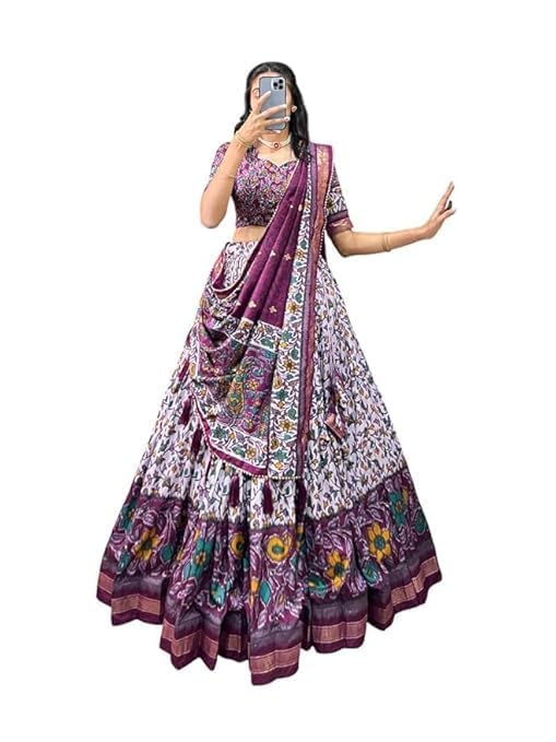 74 COLOR HALFSLIVE Women's Trending Designeer Tussar Silk Lehenga Choli Print with Foil Work With Unstitched Blouse Patola Print Adorned with Foil Work For Navrati || Wedding