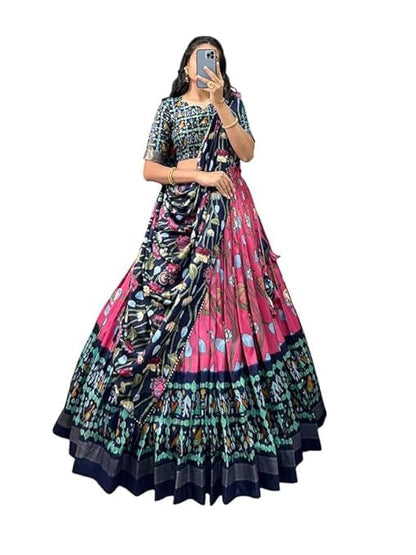 74 COLOR HALFSLIVE Women's Trending Designeer Tussar Silk Lehenga Choli Print with Foil Work With Unstitched Blouse Patola Print Adorned with Foil Work For Navrati || Wedding