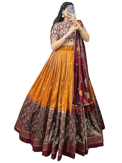 74 COLOR HALFSLIVE Women's Trending Designeer Tussar Silk Lehenga Choli Print with Foil Work With Unstitched Blouse Patola Print Adorned with Foil Work For Navrati || Wedding