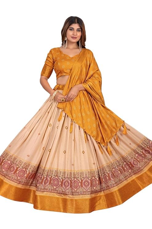 74 COLOR HALFSLIVE Women's Trending Designeer Tussar Silk Lehenga Choli Print with Foil Work With Unstitched Blouse Patola Print Adorned with Foil Work For Navrati || Wedding