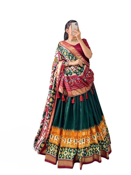Trending Tussar Silk Lehenga Choli Print with Foil Work With Unstitched Blouse Patola Print Adorned with Foil Work For Navrati || Wedding