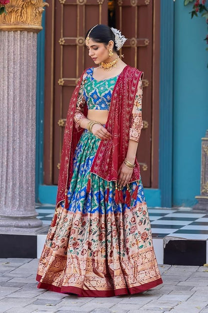 Trending Tussar Silk Lehenga Choli Print with Foil Work With Unstitched Blouse Patola Print Adorned with Foil Work For Navrati || Wedding