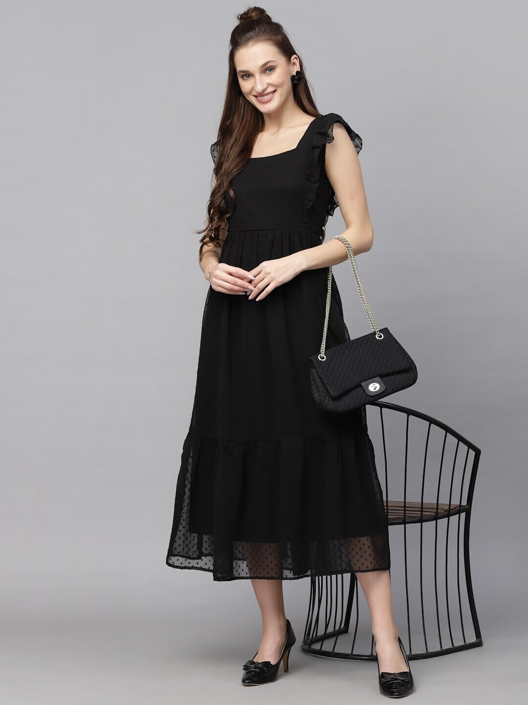 Georgette Jacquard Butti Square Neck Knee Length Western Dresses for Women (Dress2 89) 1