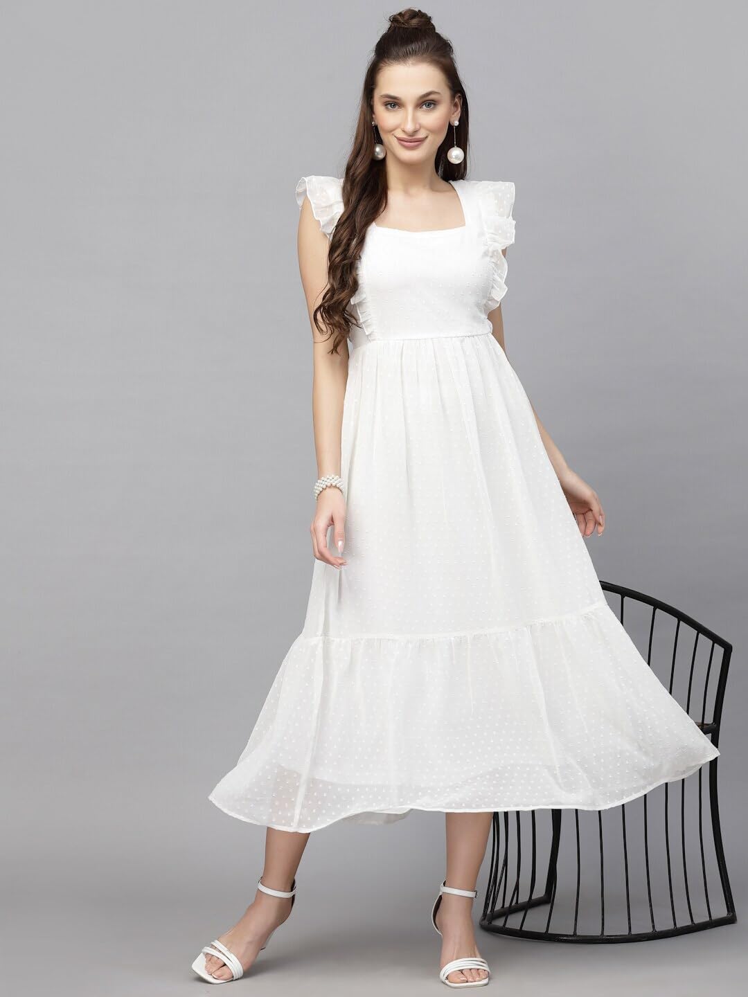 Georgette Jacquard Butti Square Neck Knee Length Western Dresses for Women (Dress2 89) 1