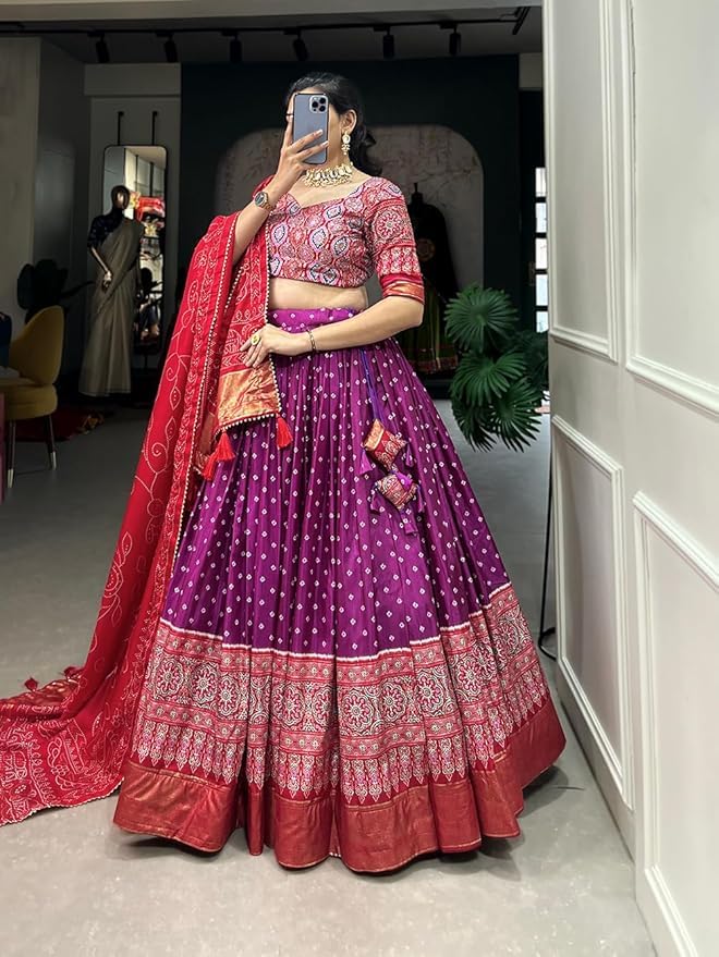 Trending Tussar Silk Lehenga Choli Print with Foil Work With Unstitched Blouse Patola Print Adorned with Foil Work For Navrati || Wedding