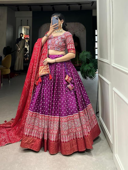 Trending Tussar Silk Lehenga Choli Print with Foil Work With Unstitched Blouse Patola Print Adorned with Foil Work For Navrati || Wedding