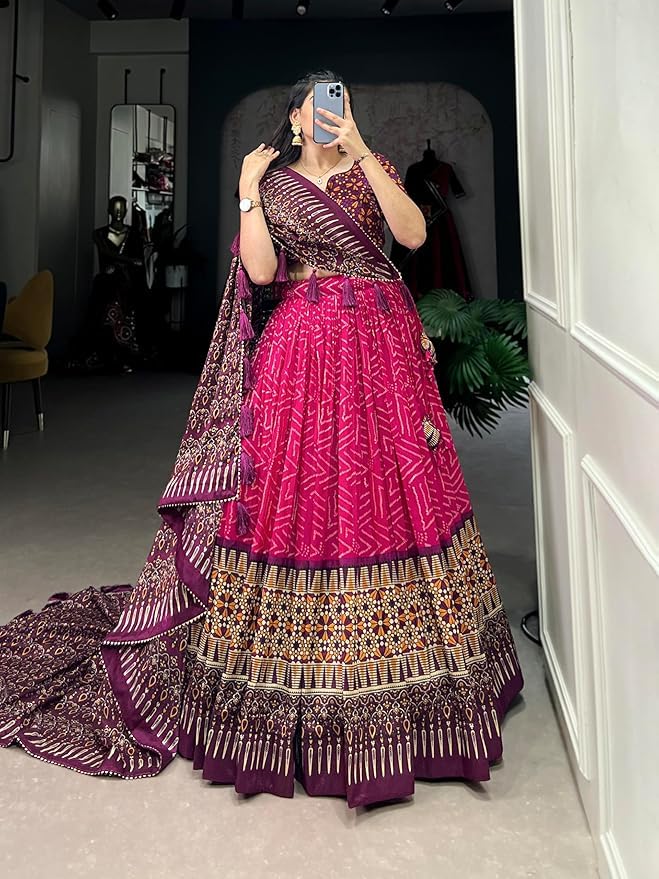 Trending Tussar Silk Lehenga Choli Print with Foil Work With Unstitched Blouse Patola Print Adorned with Foil Work For Navrati || Wedding