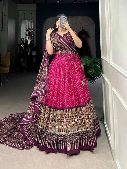 Trending Tussar Silk Lehenga Choli Print with Foil Work With Unstitched Blouse Patola Print Adorned with Foil Work For Navrati || Wedding