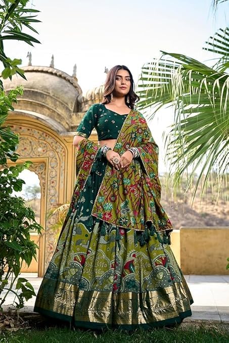 Women's Trending Designeer Tussar Silk Lehenga Choli Print with Foil Work With Unstitched Blouse Patola Print Adorned with Foil Work For Navrati || Wedding