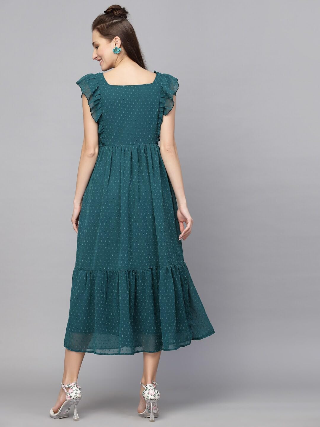 Georgette Jacquard Butti Square Neck Knee Length Western Dresses for Women (Dress2 89) 1
