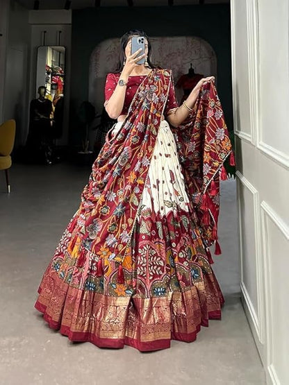 Women's Trending Designeer Tussar Silk Lehenga Choli Print with Foil Work With Unstitched Blouse Patola Print Adorned with Foil Work For Navrati || Wedding