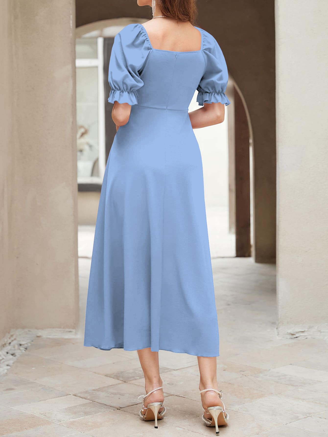 Shasmi Girl's & Women's Solid A-Line Ruched Puff Sleeve Maxi Long Evening One Piece Long Dress for Women Stylish (Dress 131)