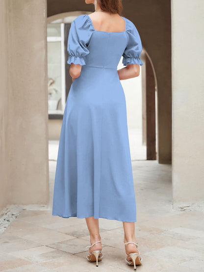 Shasmi Girl's & Women's Solid A-Line Ruched Puff Sleeve Maxi Long Evening One Piece Long Dress for Women Stylish (Dress 131)