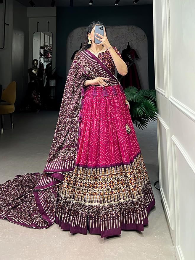 Trending Tussar Silk Lehenga Choli Print with Foil Work With Unstitched Blouse Patola Print Adorned with Foil Work For Navrati || Wedding