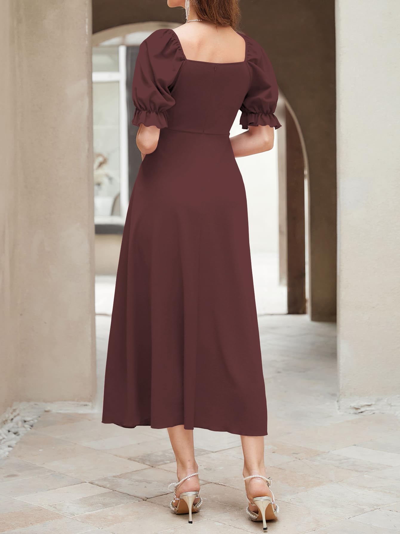 Shasmi Girl's & Women's Solid A-Line Ruched Puff Sleeve Maxi Long Evening One Piece Long Dress for Women Stylish (Dress 131)