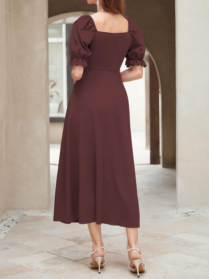 Shasmi Girl's & Women's Solid A-Line Ruched Puff Sleeve Maxi Long Evening One Piece Long Dress for Women Stylish (Dress 131)