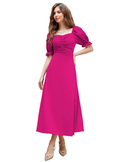 Shasmi Girl's & Women's Solid A-Line Ruched Puff Sleeve Maxi Long Evening One Piece Long Dress for Women Stylish (Dress 131)