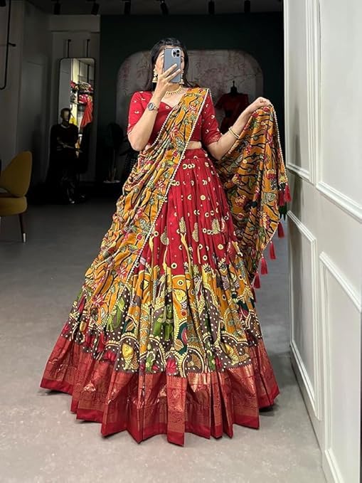 Women's Trending Designeer Tussar Silk Lehenga Choli Print with Foil Work With Unstitched Blouse Patola Print Adorned with Foil Work For Navrati || Wedding
