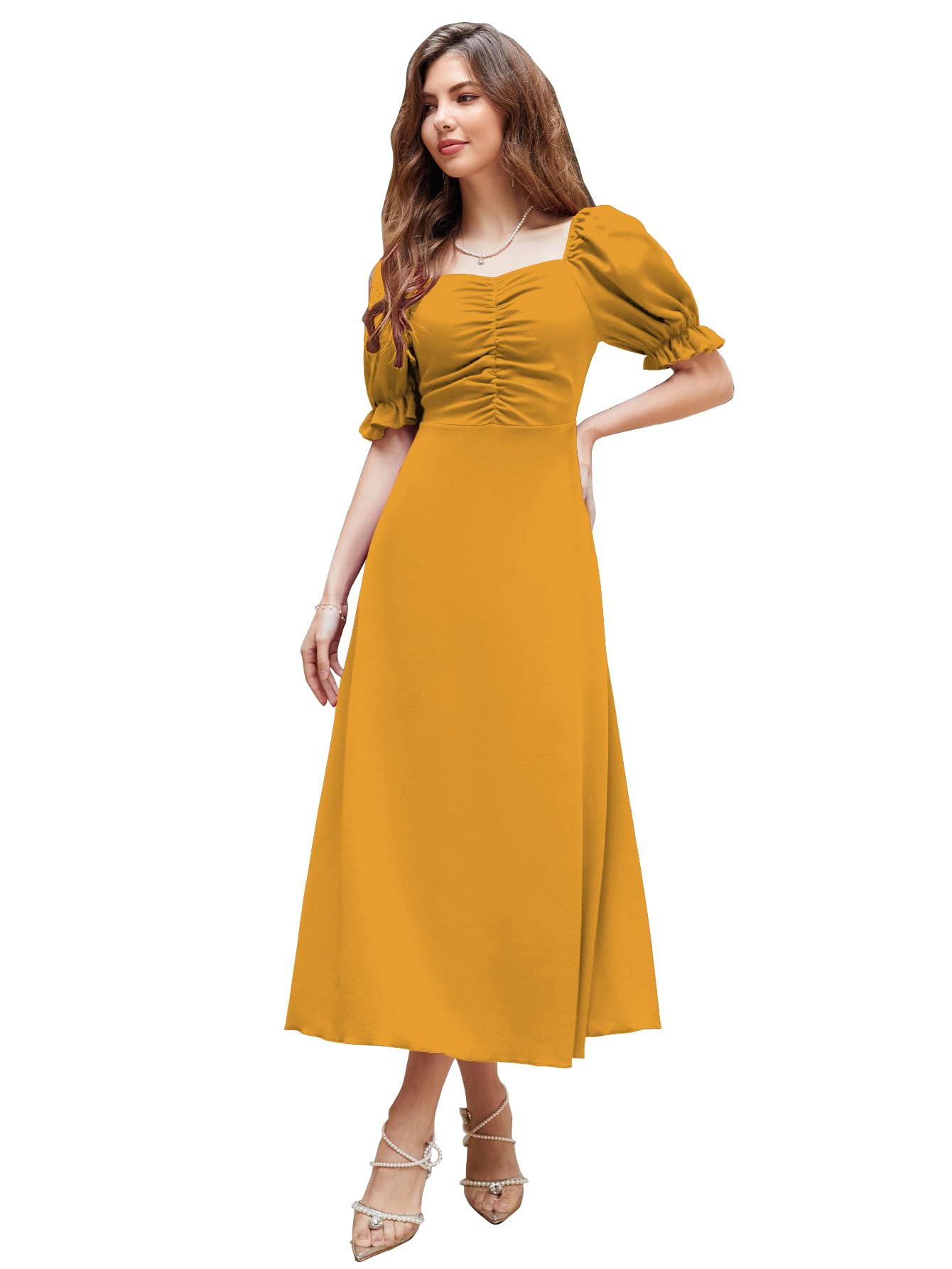 Shasmi Girl's & Women's Solid A-Line Ruched Puff Sleeve Maxi Long Evening One Piece Long Dress for Women Stylish (Dress 131)