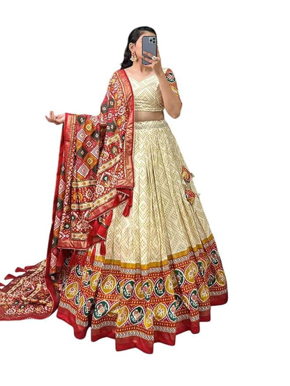 Trending Tussar Silk Lehenga Choli Print with Foil Work With Unstitched Blouse Patola Print Adorned with Foil Work For Navrati || Wedding