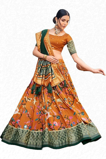 Women's Trending Designeer Tussar Silk Lehenga Choli Print with Foil Work With Unstitched Blouse Patola Print Adorned with Foil Work For Navrati || Wedding