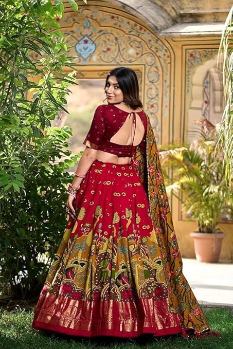 Women's Trending Designeer Tussar Silk Lehenga Choli Print with Foil Work With Unstitched Blouse Patola Print Adorned with Foil Work For Navrati || Wedding