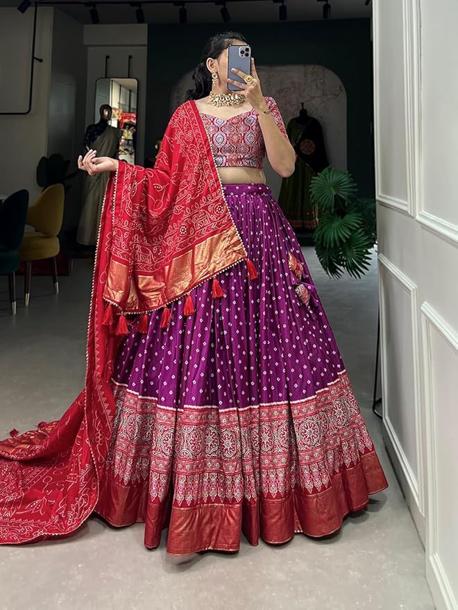 Trending Tussar Silk Lehenga Choli Print with Foil Work With Unstitched Blouse Patola Print Adorned with Foil Work For Navrati || Wedding