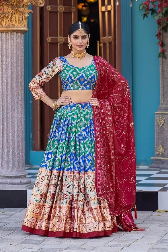 Trending Tussar Silk Lehenga Choli Print with Foil Work With Unstitched Blouse Patola Print Adorned with Foil Work For Navrati || Wedding