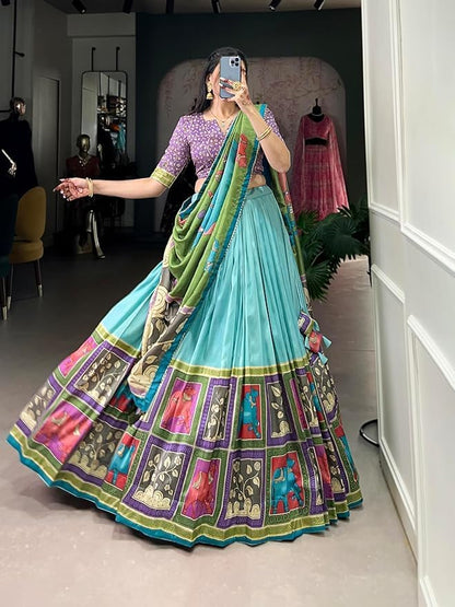 Trending Tussar Silk Lehenga Choli Print with Foil Work With Unstitched Blouse Patola Print Adorned with Foil Work For Navrati || Wedding